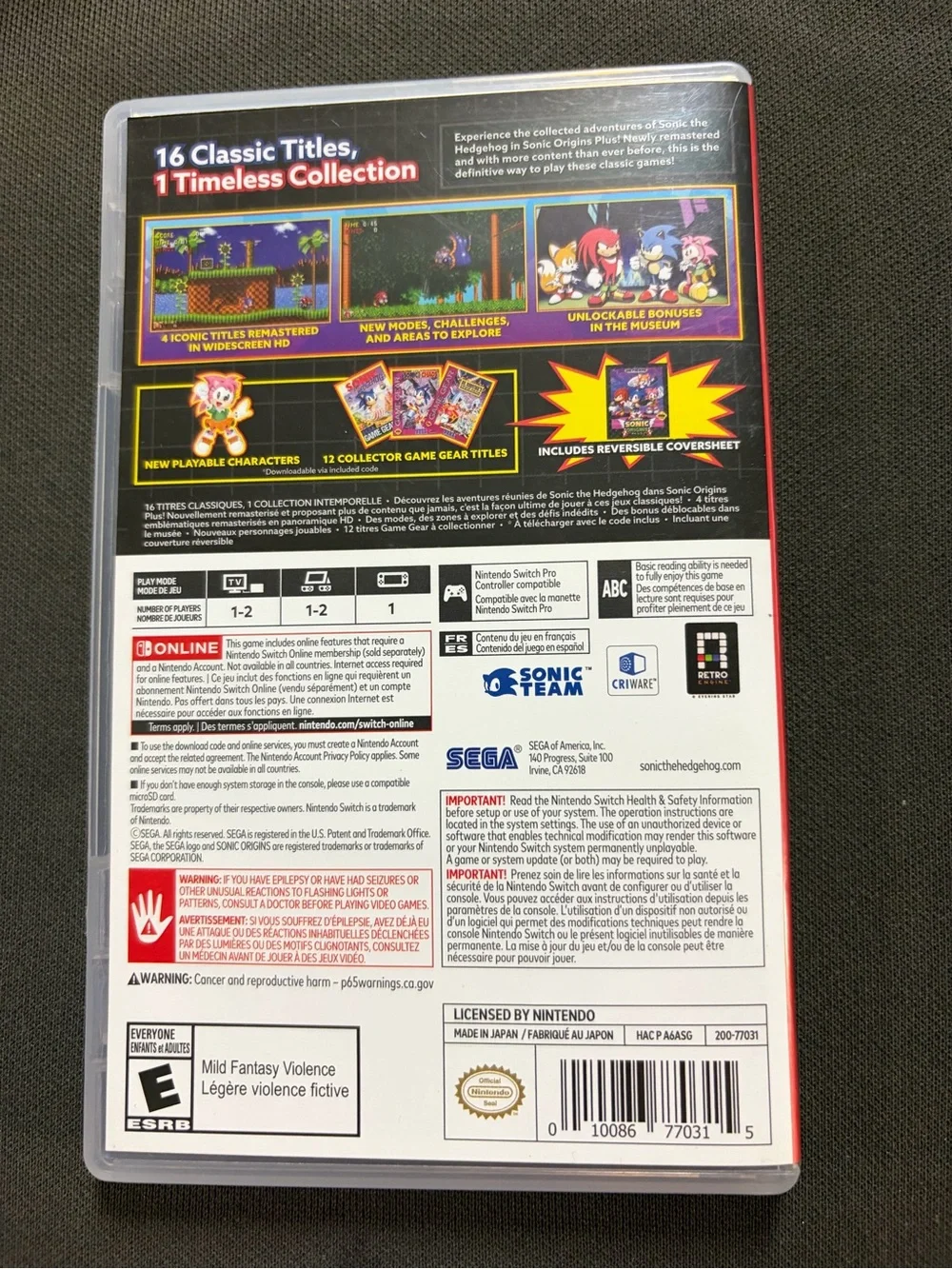 Sonic Origins Plus Nintendo Switch Like New Complete w/ Case & Inserts